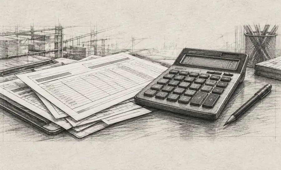 Graphite sketch of invoices and a calculator