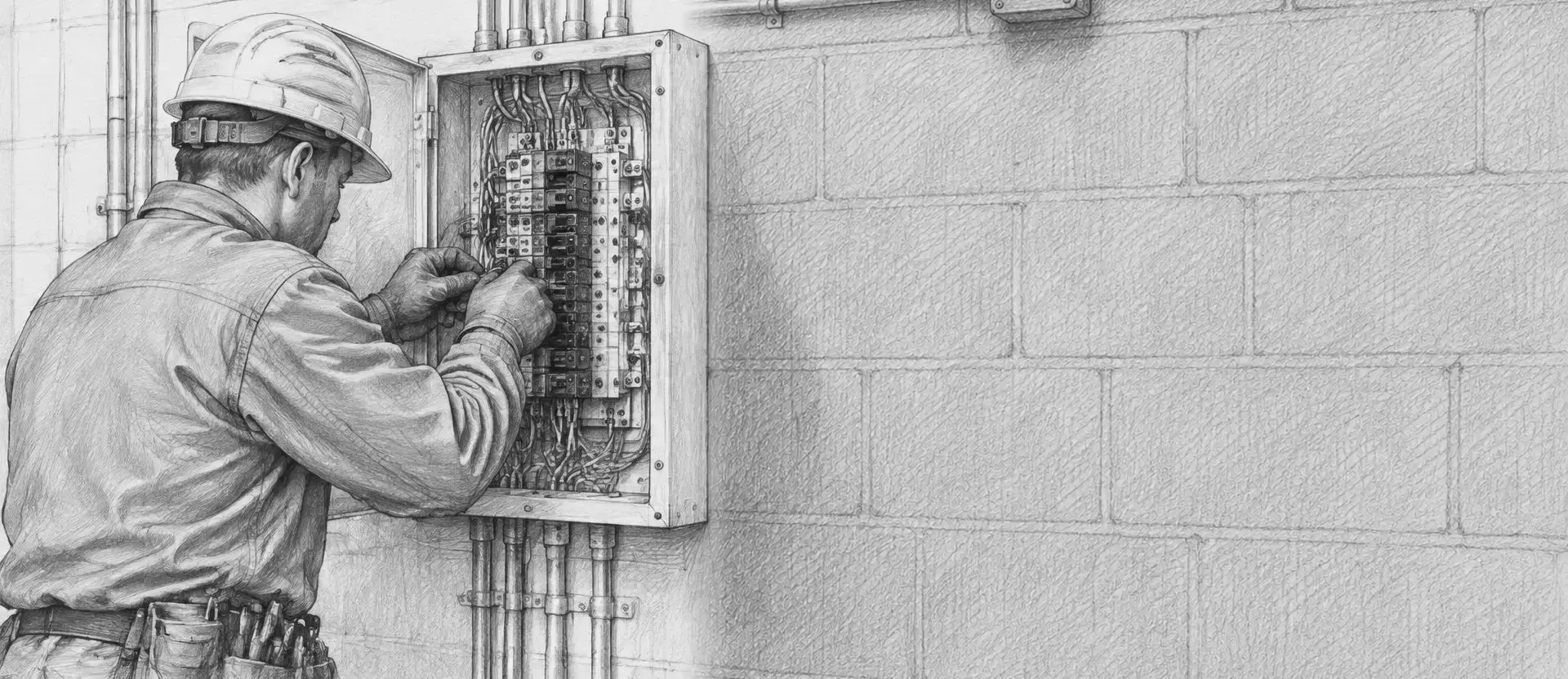 Graphite sketch of a trades technician working at an open electrical panel